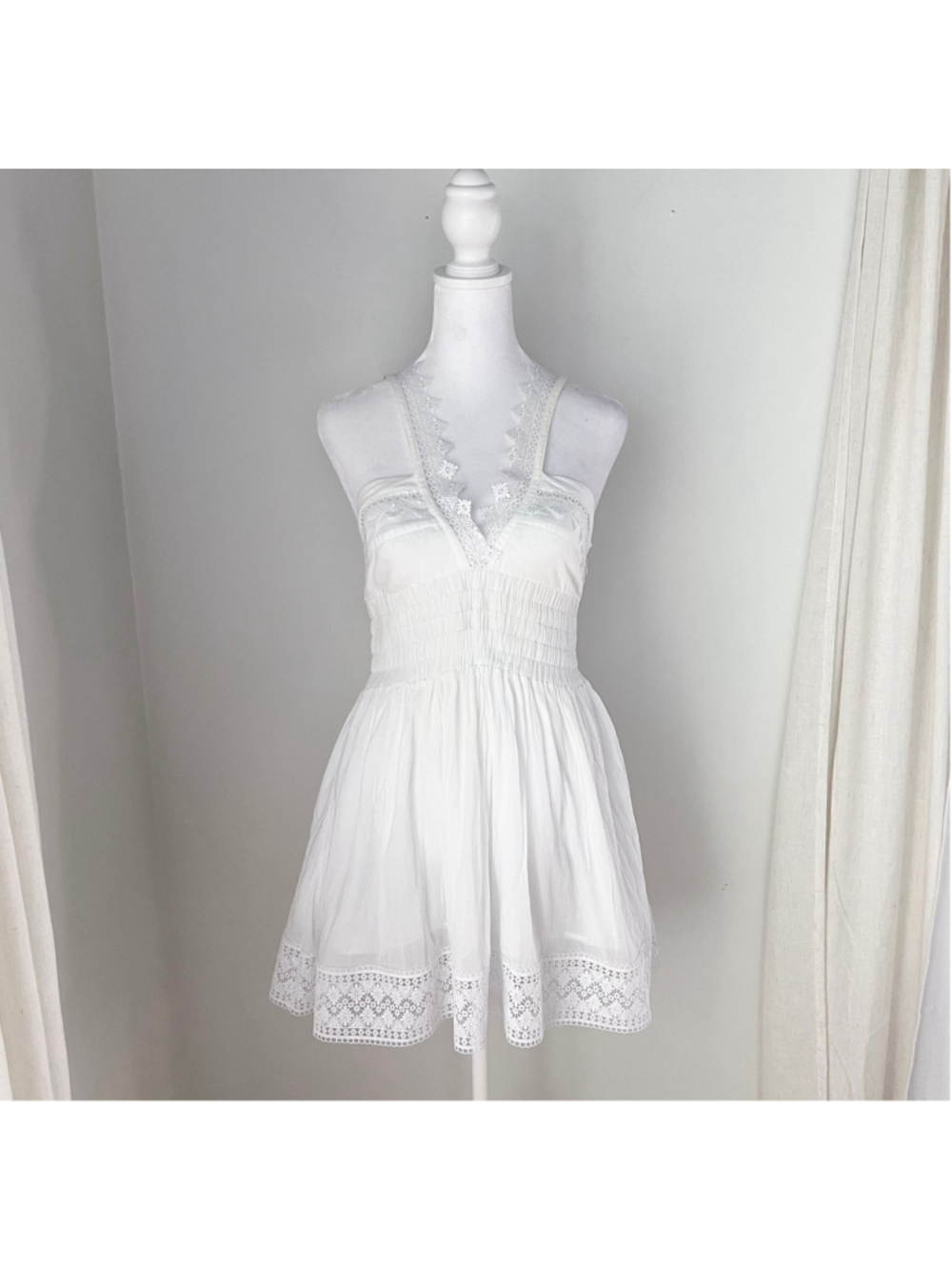 Charo Ruiz Ibiza White Lace Cotton Mini Dress Smocked Coquette Cottagecore M